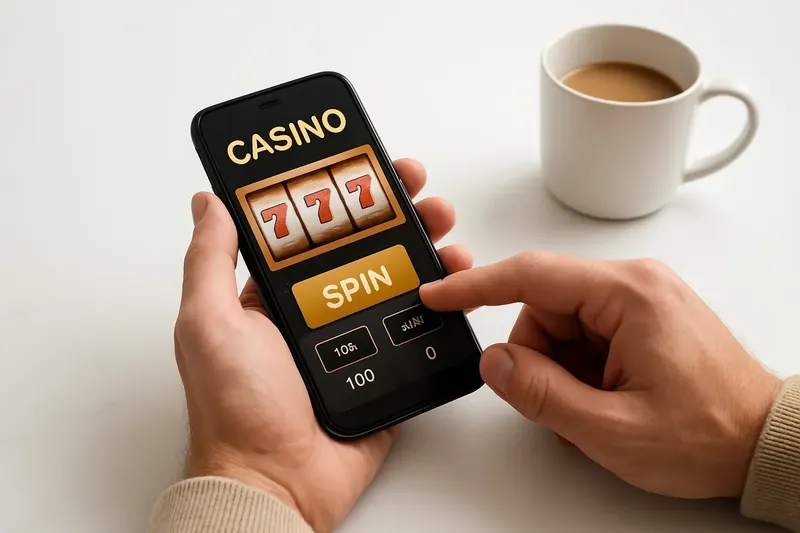 Man's hands tapping mobile casino interface on phone at marble desk