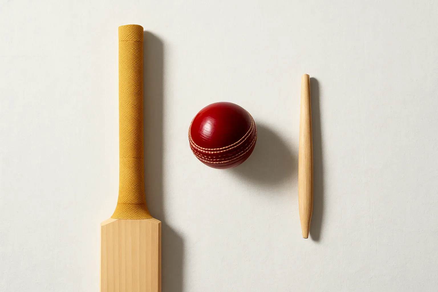 Cricket Gear Flat Lay Overhead flat lay of cricket ball, bat handle, and stump
