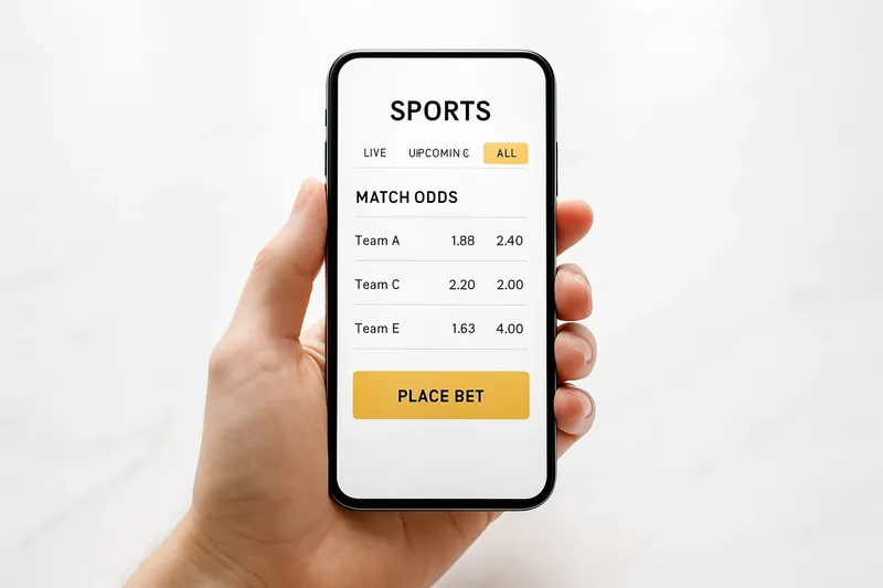 Hand holding smartphone showing sports betting odds on marble surface