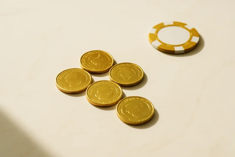 Five gold coins clustered on cream marble with poker chip edge