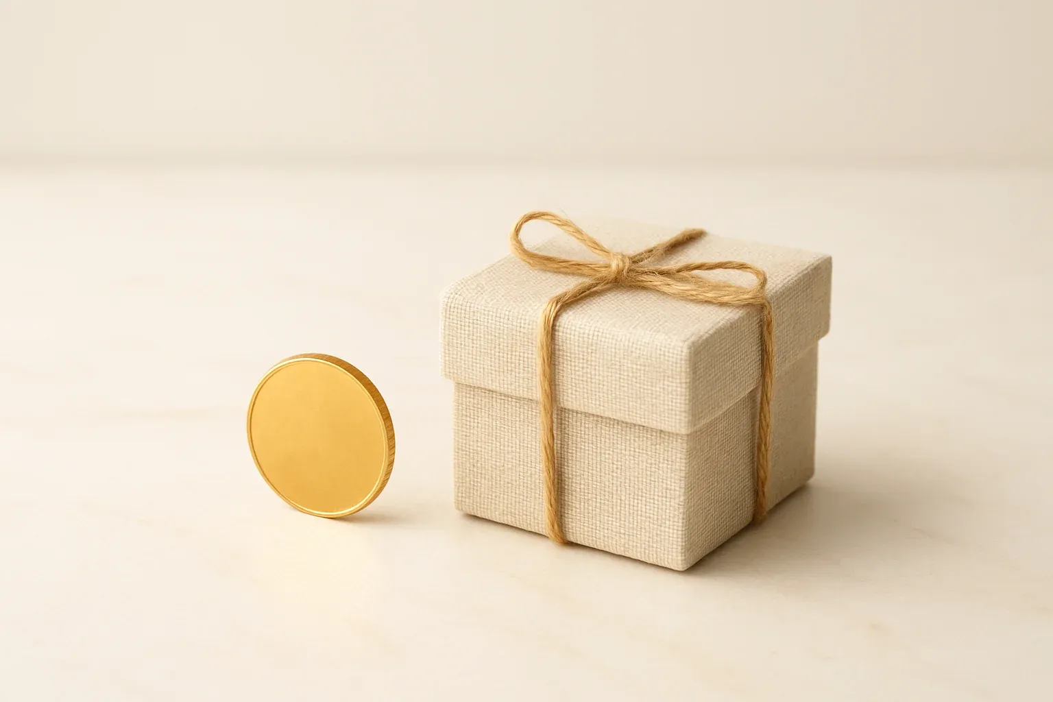 Bonus Coin Gift Single gold coin beside small unwrapped gift box on marble surface
