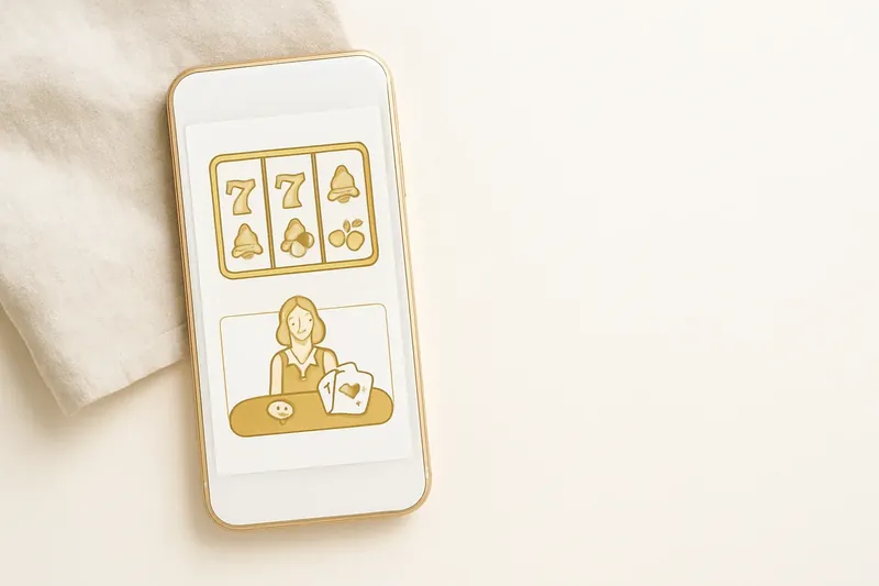 Mobile phone showing casino app with slots and live games