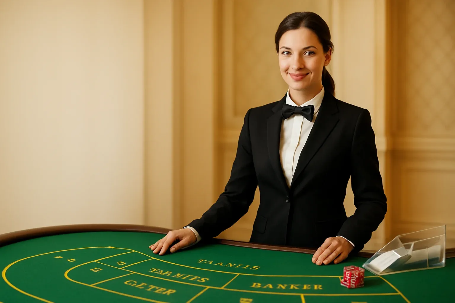Professional female dealer at elegant live baccarat table in casino