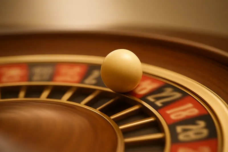 Roulette ball frozen mid-roll on wheel rim with blurred numbers