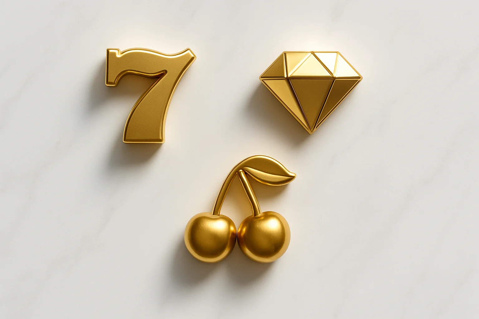 Three polished slot symbols on white marble with warm spotlights